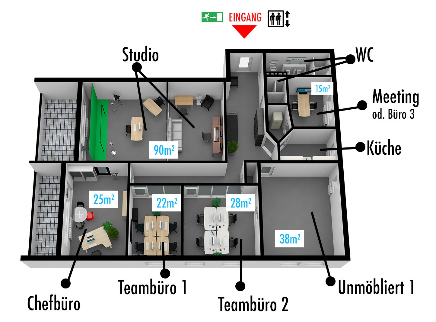 Raumplan der Mietbüros in Idstein