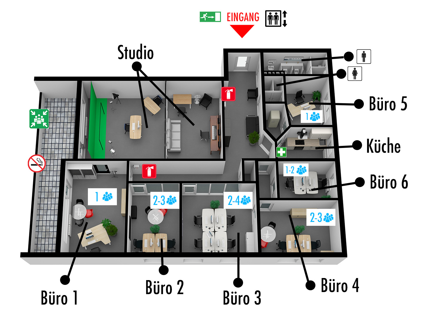 Raumplan der Mietbüros in Idstein